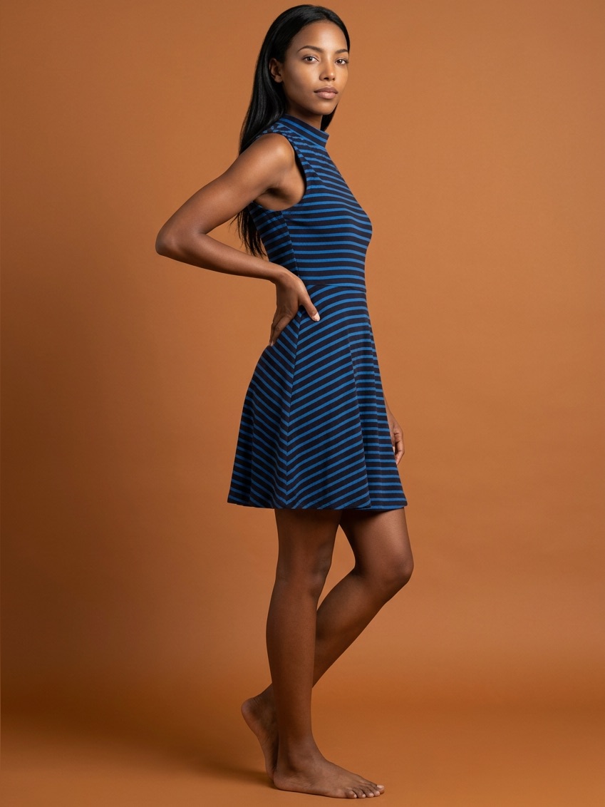 Forever 21 Navy & Bright Blue Striped Sleeveless Mock-Neck Fit-And-Flare Mini